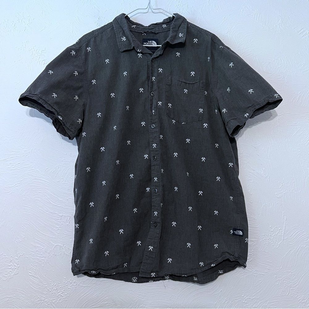 The North Face Men Gray White Abstract Short Sleeve Button-Up Shirt Size XL